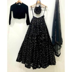 Evening Reception party Special Black Color Velvet Lehenga Choli